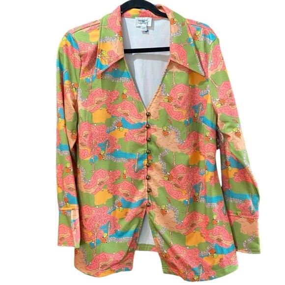 Unique Vintage Multicolor Long Sleeves Button Front Blouse Top Size 16 - Picture 1 of 5